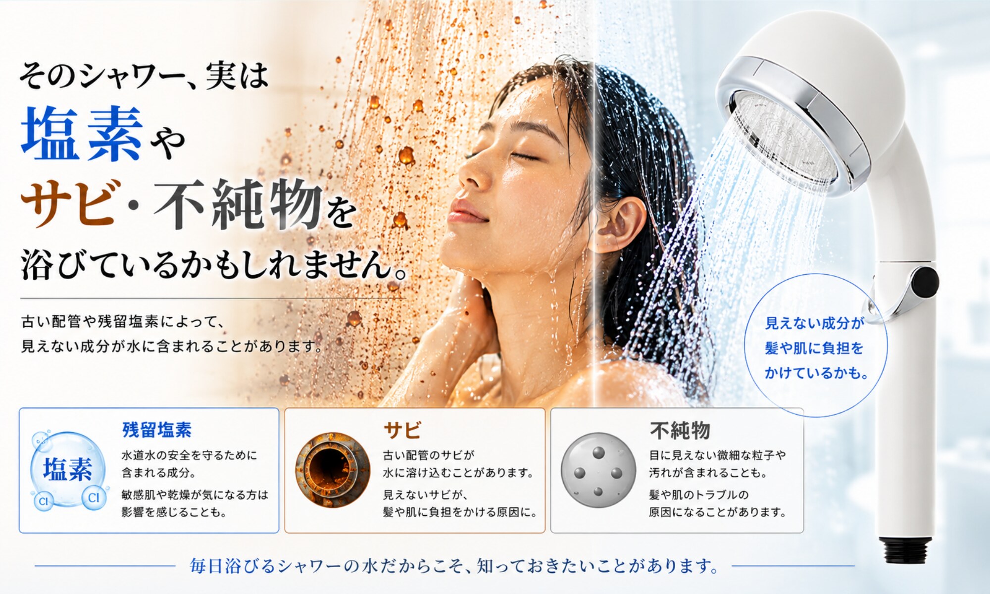 シャワーの水が髪や肌の悩みの原因かもしれません