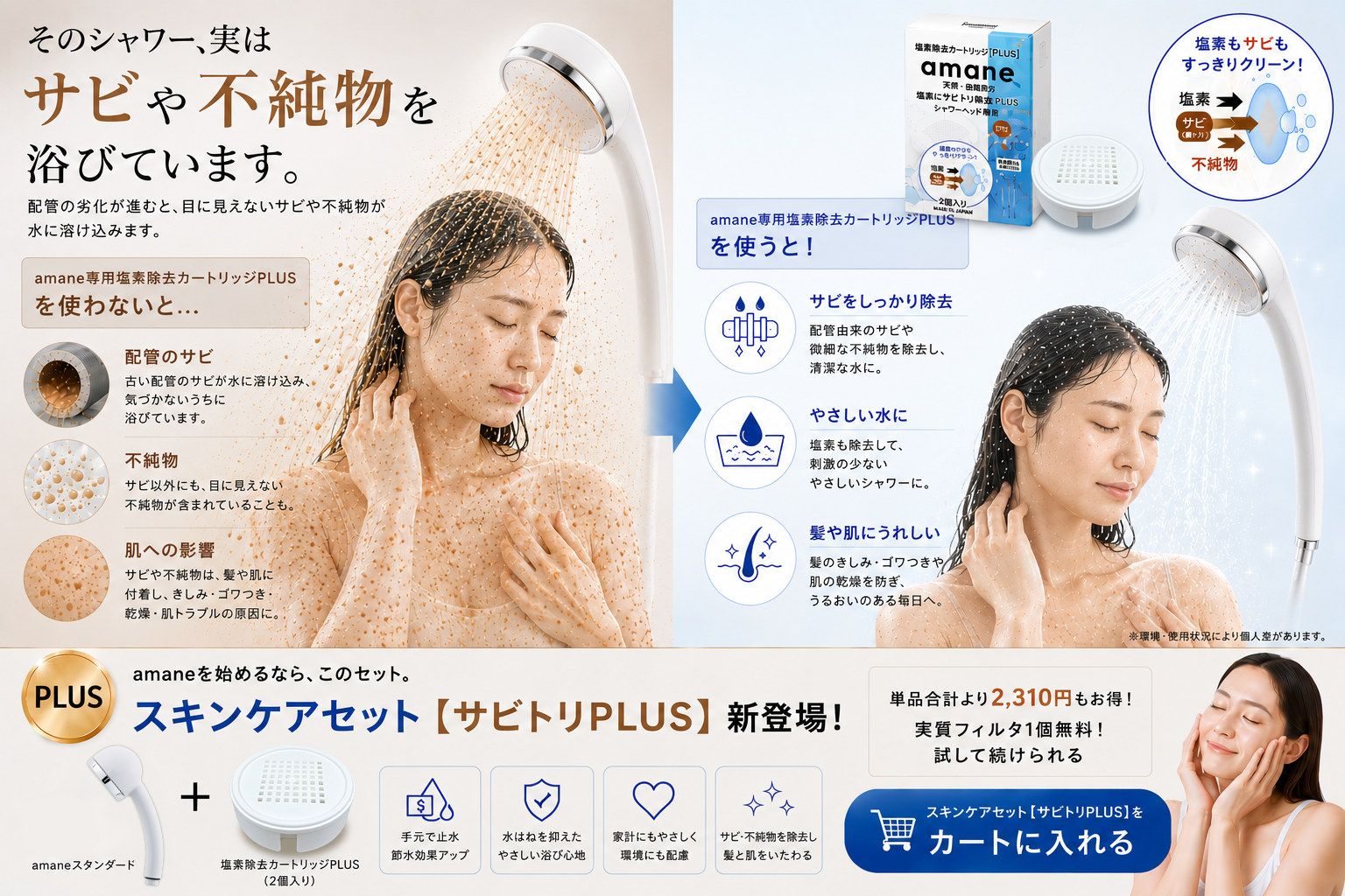 サビや不純物の使用前・使用後イメージとスキンケアセットCTA図版